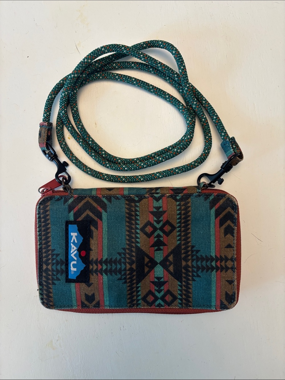 Kavu Go Time Southwestern Crossbody Wallet - Teal, Rust & Brown